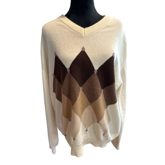 Men’s 100% Cashmere Cream Brown Argyle V-Neck Grandpacore Sweater - Picture 2 of 9